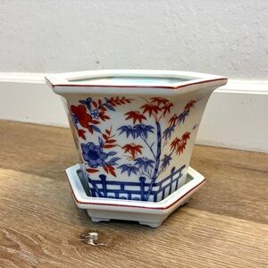 Vintage Hexagon Ceramic Planter Pot w/ Saucer Blue Red Floral Asian Style